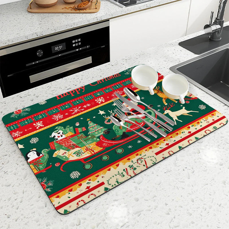 Axyaa Christmas Santa Drying Mat Absorbent Dish Placemat