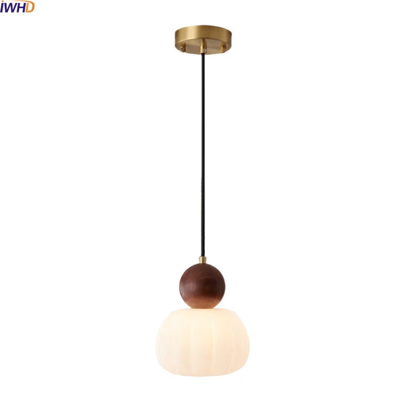 Axyaa Nordic LED Pendant Chandelier with White Lampshade and Wood Finish