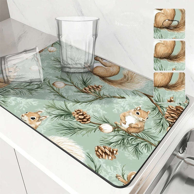 Axyaa Christmas Squirrel Kitchen Dish Mat - Absorbent Anti-slip Drying Pad