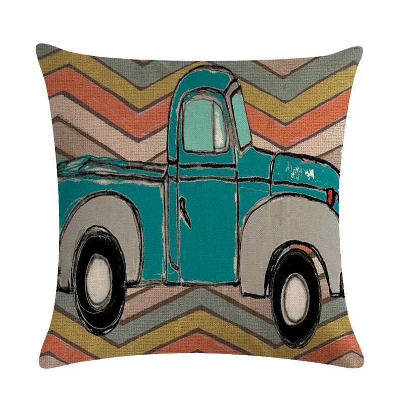 Axyaa Retro Car Pattern Cushion Cover Linen Pillowcase 45*45cm