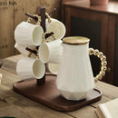 Axya White Ceramic Tea Set with Wooden Tray Teaware Tools Juice Pot Water Bottle