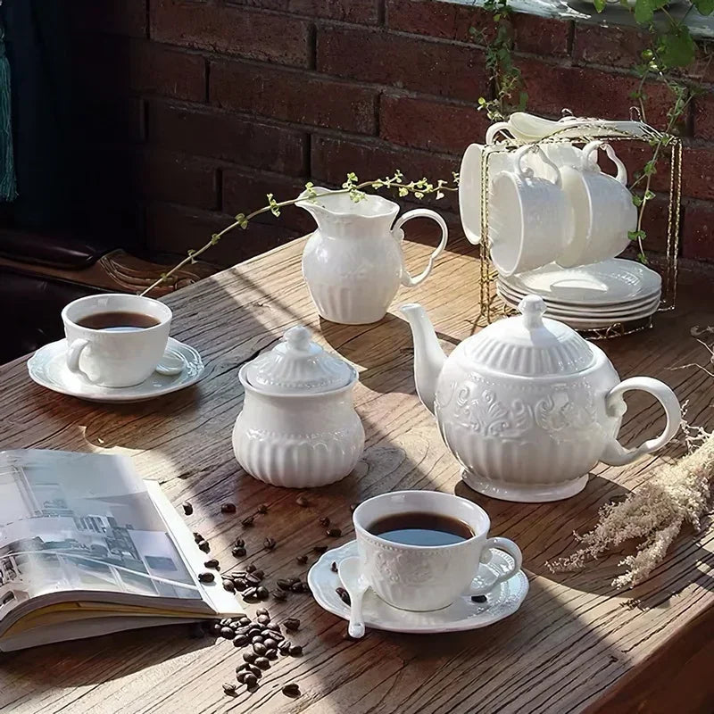 Axya Embossed Leaf Pattern White Ceramic Coffee Teapot Set