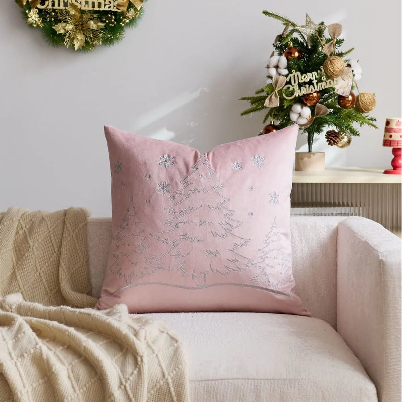 Axyaa Christmas Tree Pillow Cover - Silver Gold Snowflake Velvet - Home Decoration - 45x45cm