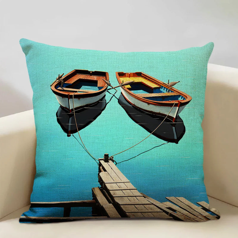 Axyaa Boat Pattern Linen Cushion Cover for Home Sofa Decor