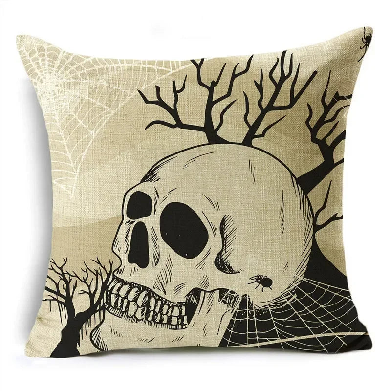 Axyaa Skull Pumpkin Printed Linen Throw Pillowcase for Living Room Party