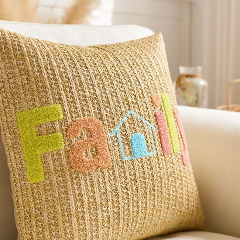 Embroidered Happy Home Pillow Cover by Axyaa for Living Room & Bedroom