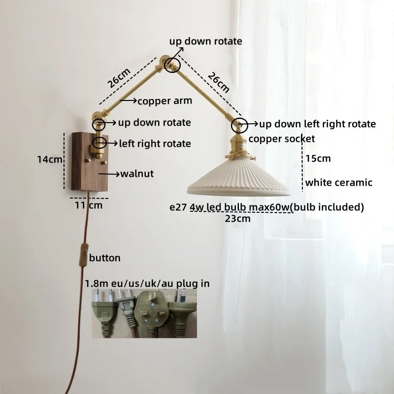 Axyaa Ceramic Copper Swing Arm LED Wall Light for Home Decor