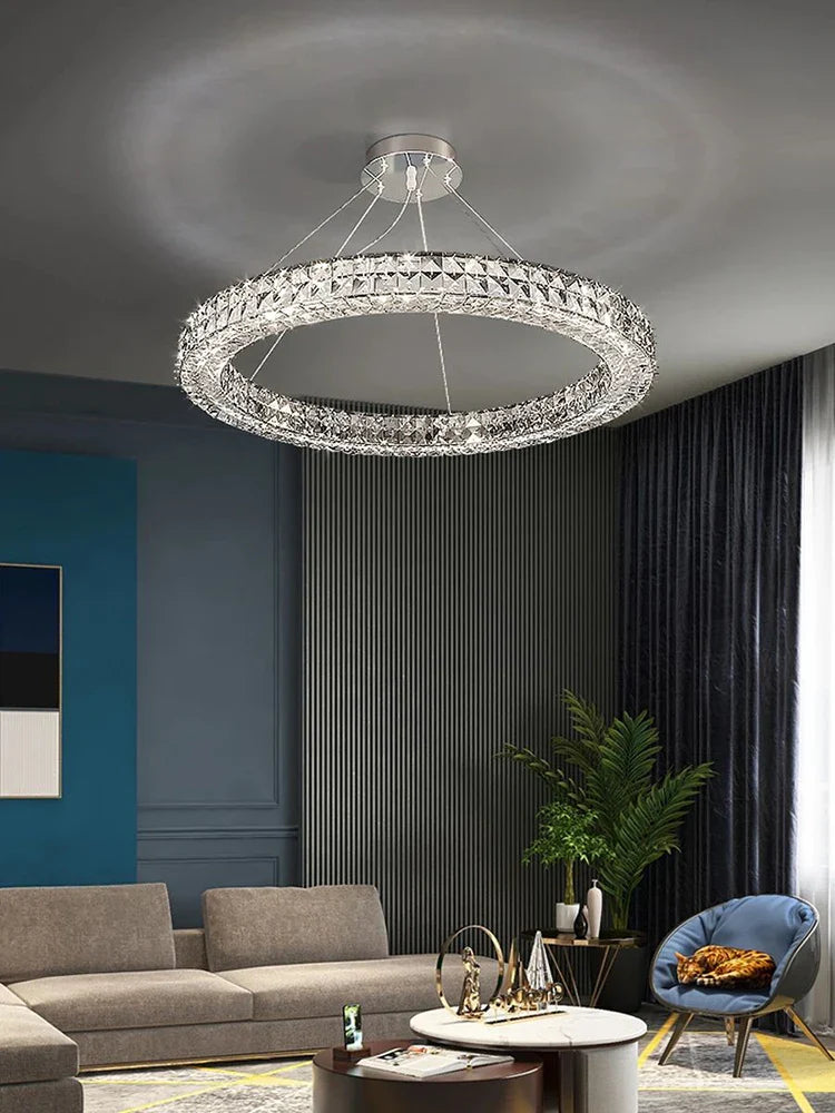 Axyaa Modern K9 Crystals Glass Chandelier, Circle Ring Pendant Lighting for Living Room