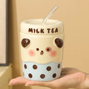 Axyaa Cartoon Milk Tea Ceramic Couple Mugs with Lid, Ceramic Straw Cup for Home and Office