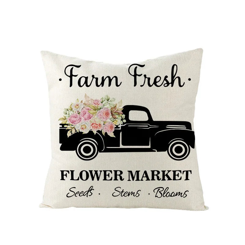Pink Truck Flower Print Cushion Cover 45x45cm - Axyaa