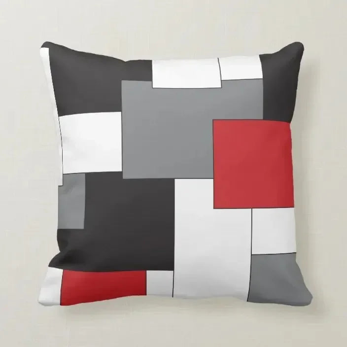 Axyaa Retro Geometric Lines Pillow Cover Set — Red & Black, Sofa Decor & Home Accent