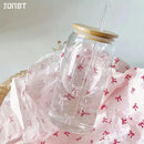 Axyaa Pink Bow Plastic Water Cup with Bamboo Lid & Straw