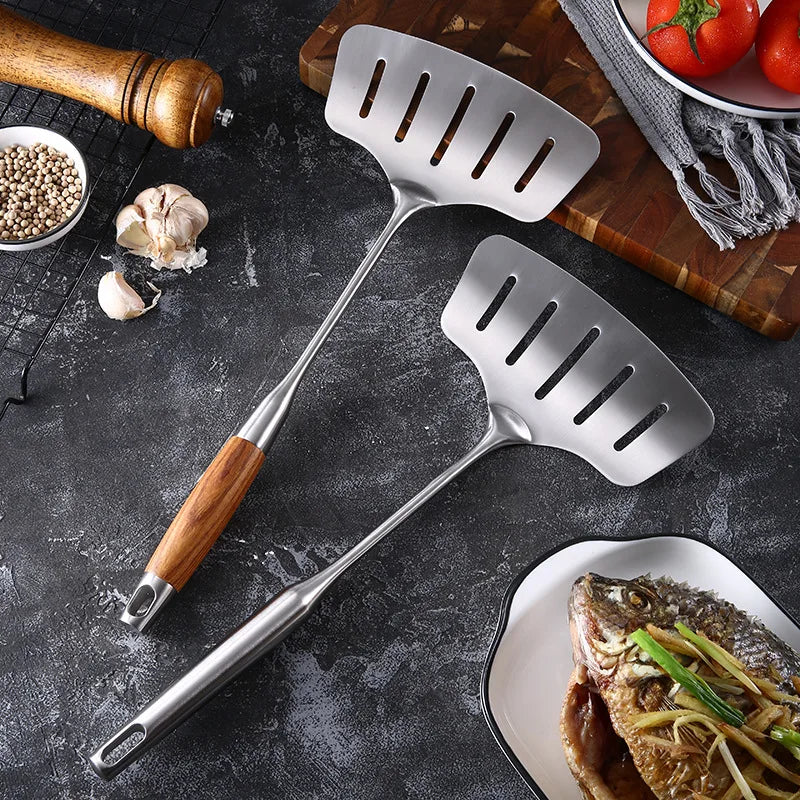 Axyaa Stainless Steel Fish Spatula with Wood Handle - Nonstick Slotted Pan Scoop