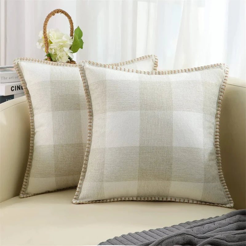 Axyaa Plaid Check 50x50cm Pillow Cover Cotton Linen Home Decor Sofa Cushion