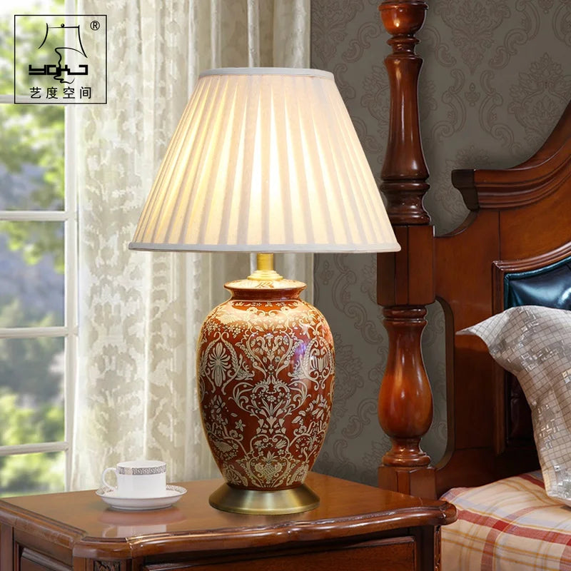 Axyaa Chinese Style Red Ceramic Table Lamp for Bedroom and Living Room