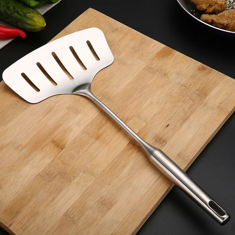 Axyaa Stainless Steel Fish Spatula with Wood Handle - Nonstick Slotted Pan Scoop