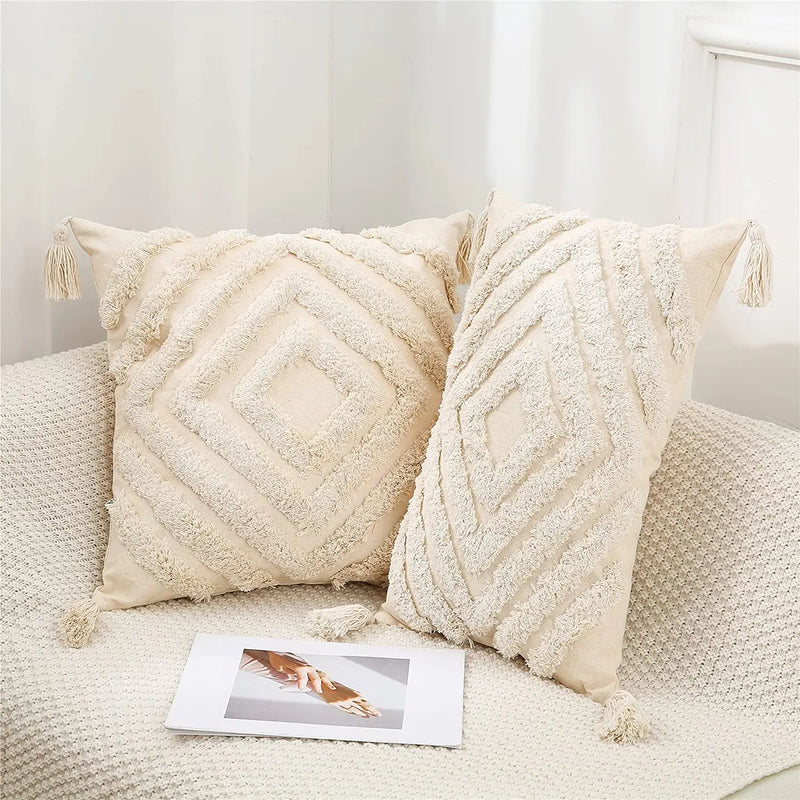 Geometric Tufted Boho Style Pillow Cover with Tassel, 100% Cotton Cushion Cover