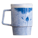 Axyaa Hand-painted Blue Lotus Ceramic Mug with Lid - Vertical Ink Pattern