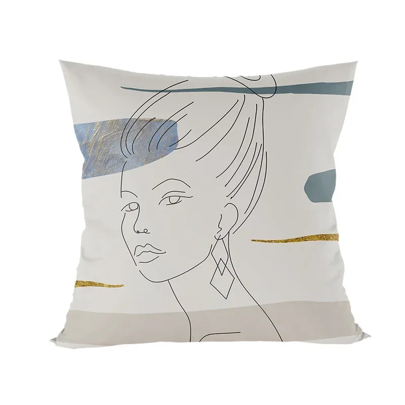 Abstract Line Drawing Girls Print Cushion Cover 45x45cm by Axyaa