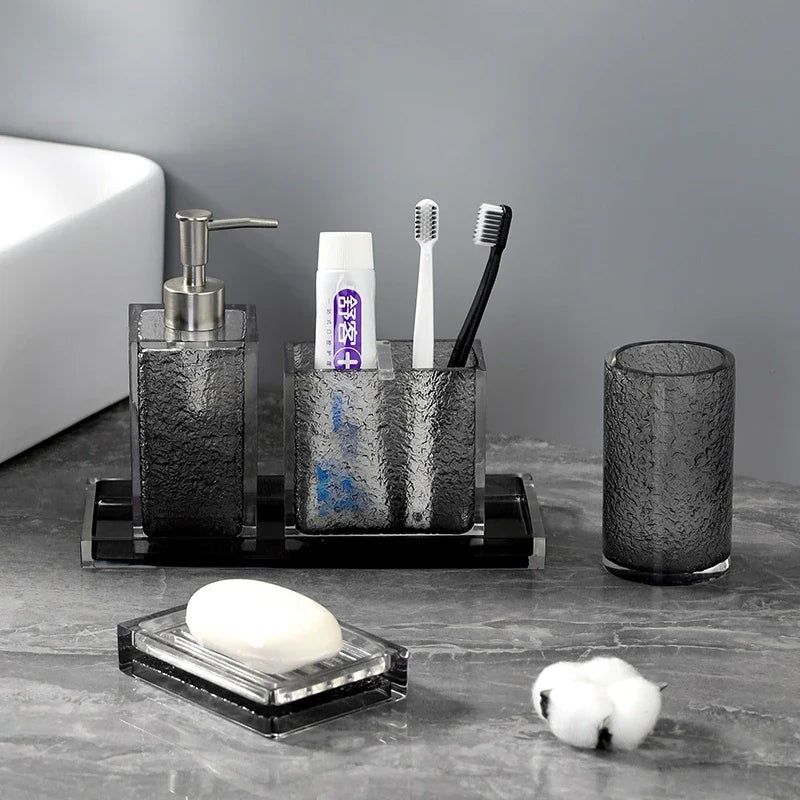 Axya Transparent Gray Bathroom Set: Mouthwash Cup, Storage Tray, Soap Dispenser & Accessories