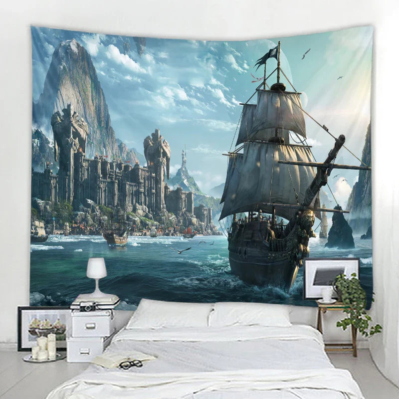 Axyaa Pirate Ship Tapestry - Sailing Seascape Decor for Boho Bedroom Aesthetics