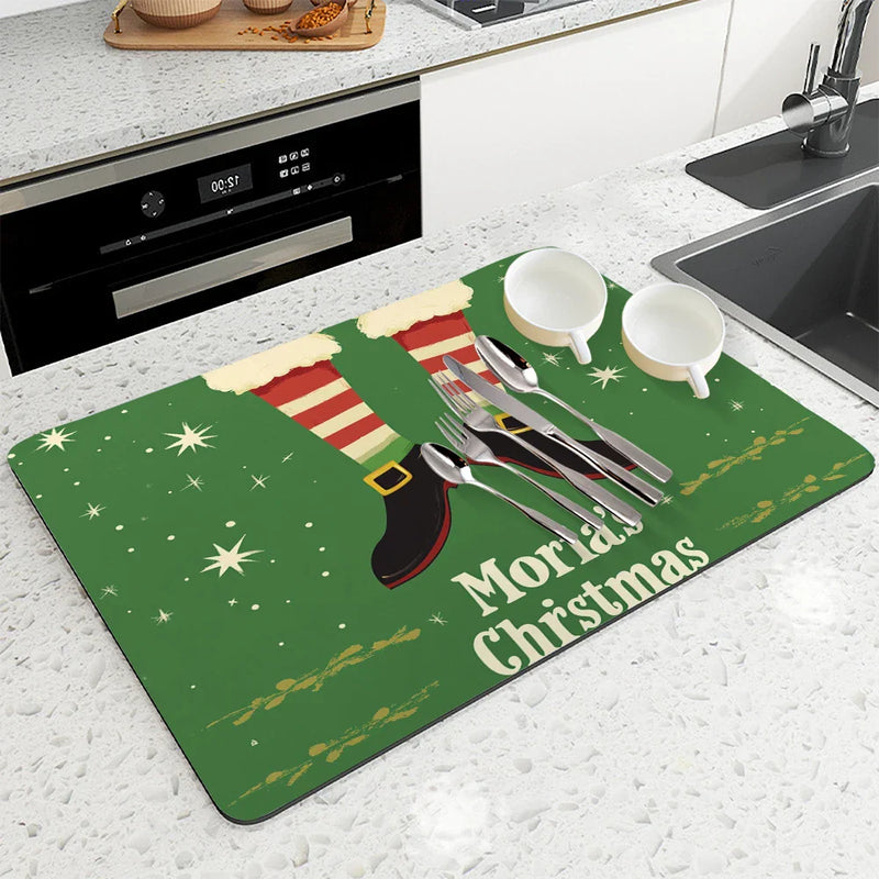 Axyaa Christmas Coffee Drying Mat - Absorbent Anti Slip Table Mat for Cups