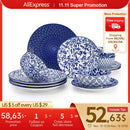 Axyaa 36 Piece Chinese Blue White Porcelain Plate Set with Tableware