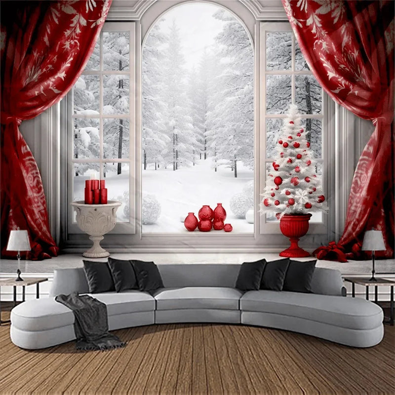 Axyaa Christmas Window Tapestry Snow Scene for Home Outdoor Decor