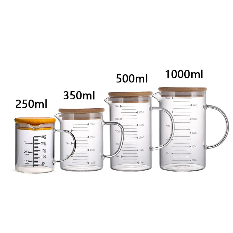 Axya Glass Measuring Cup Set With Lid, Heat-resistant, Scales, Laboratory Beaker, Handle