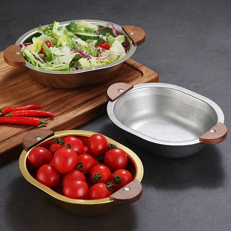 Axyaa Stainless Steel Salad Bowl with Wooden Handle for Children, Outdoor Picnic Tableware