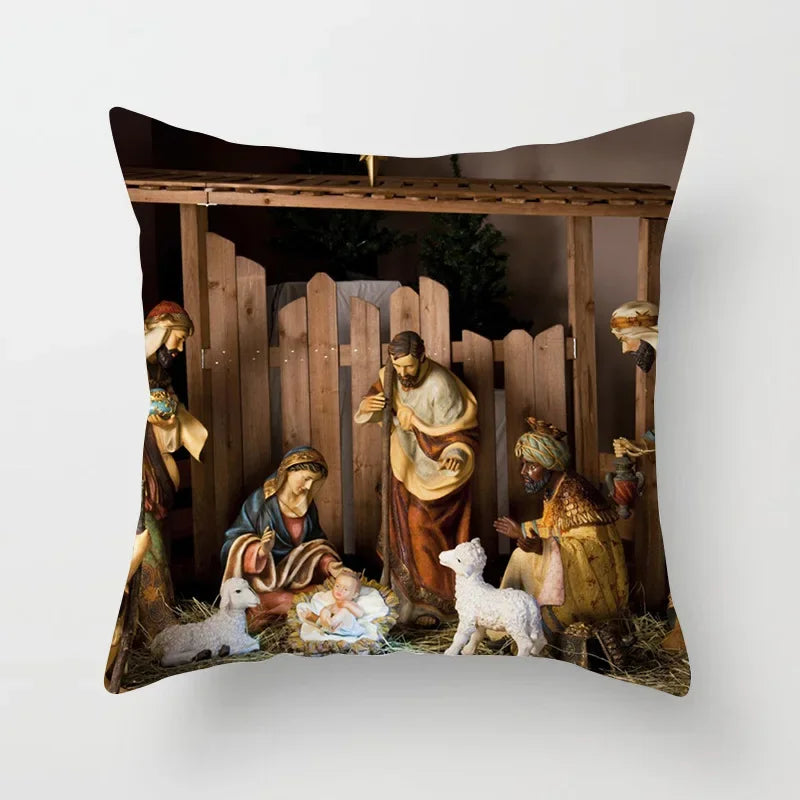 Retro Oil Painting Christmas Pillowcase - Axyaa Nativity Cushions Case Jesus Christ Print Throw Pillows Case