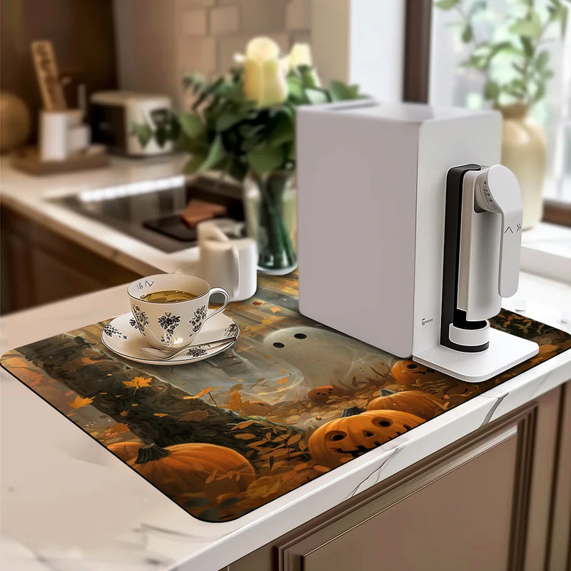 Axyaa Halloween Coffee Dish Mat: Absorbent & Anti-Slip Kitchen Draining Pad