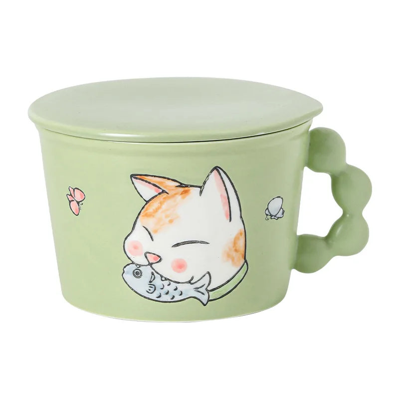 Axya Cat Cartoon Ceramic Instant Noodle Bowl with Cover - High Appearance Level