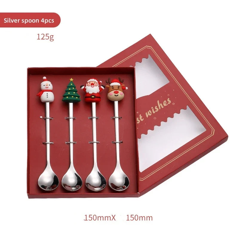 Axyaa Christmas Cutlery Set: Spoon, Fork, Elk Tree Decoration, Dessert Scoop