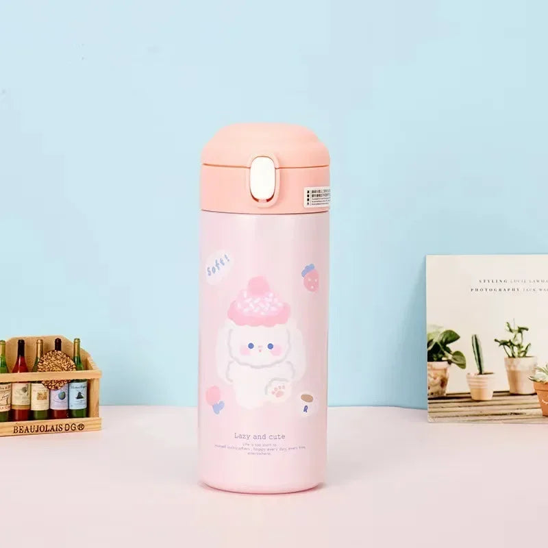 Axyaa 380ml Stainless Steel Vacuum Flask with Straw - Cute Thermal Insulation Water Bottle