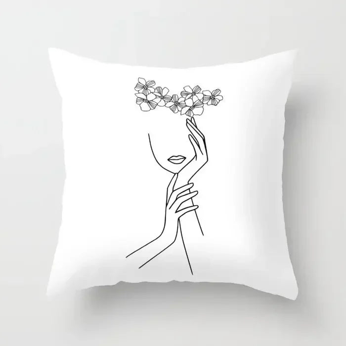 Minimalist White Pillow Cover - Axyaa Portrait Sketch Nordic Cushion