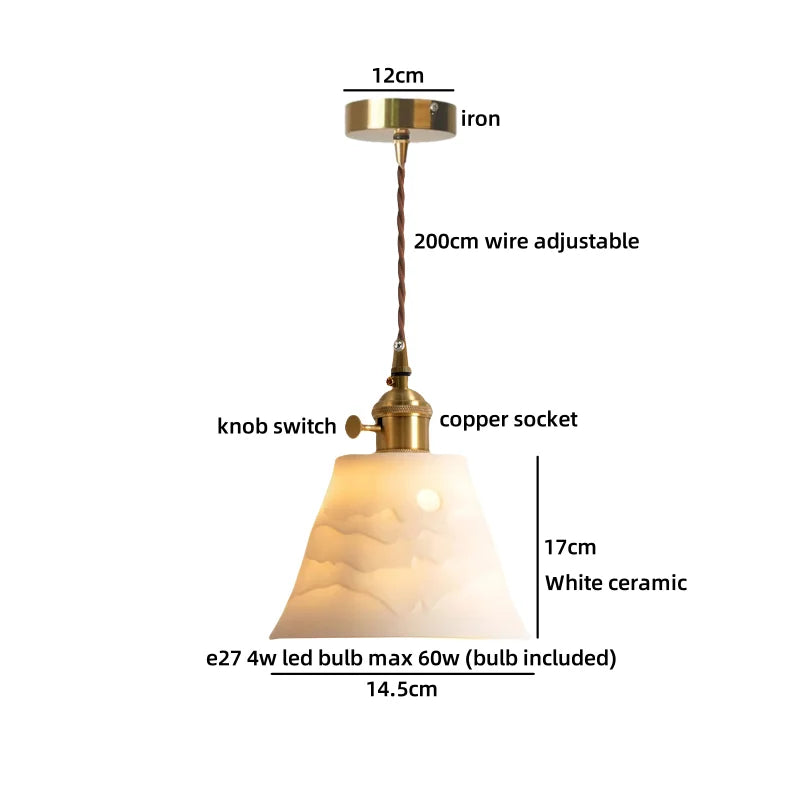 Axyaa White Ceramic Brass LED Pendant Light Modern Nordic Hanging Lamp