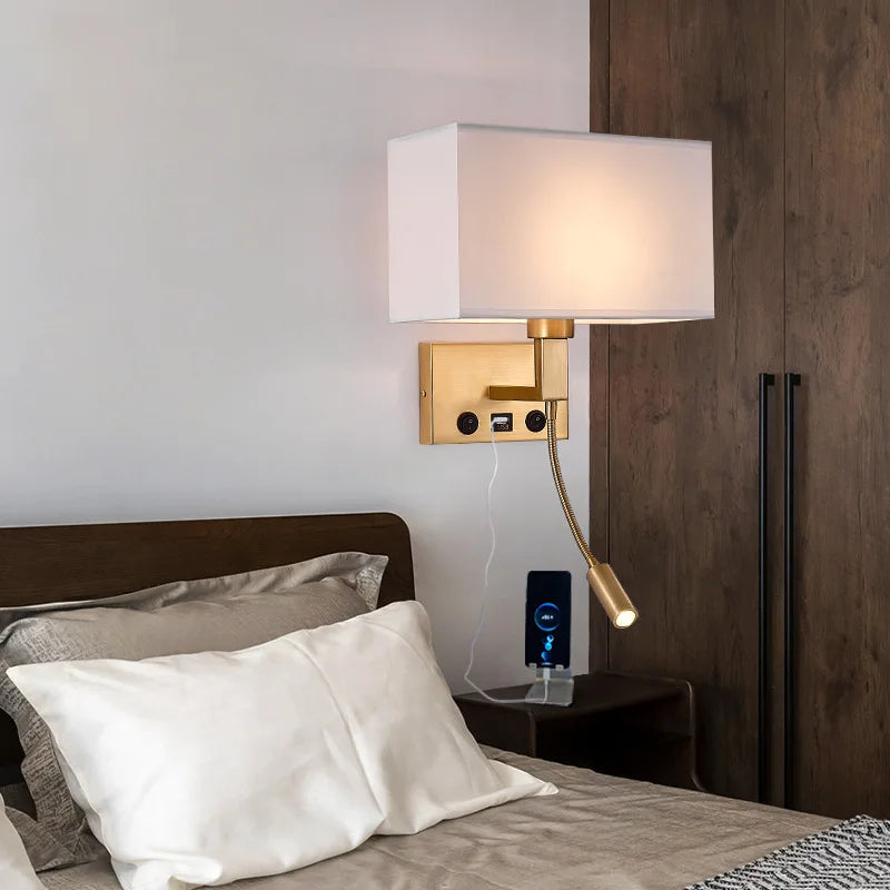 Axyaa Bedside Wall Lamp with USB Port and Cloth Lampshade