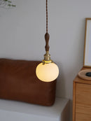 Axyaa Ceramic Ball Pendant Light with LED, Copper Socket & Wooden Handle