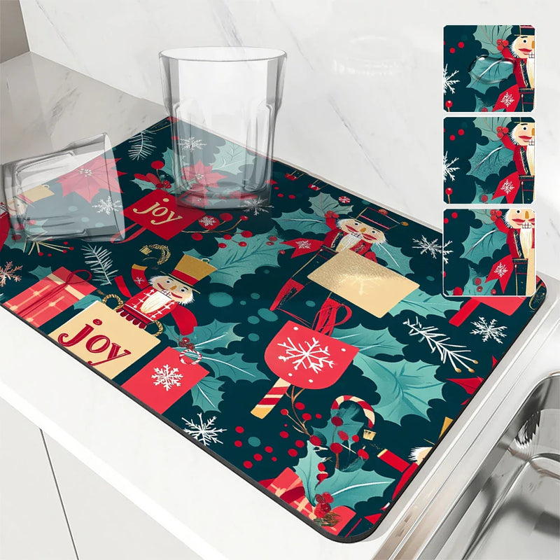 Axyaa Christmas Holly Absorbent Dry Mat for Dishes and Cups