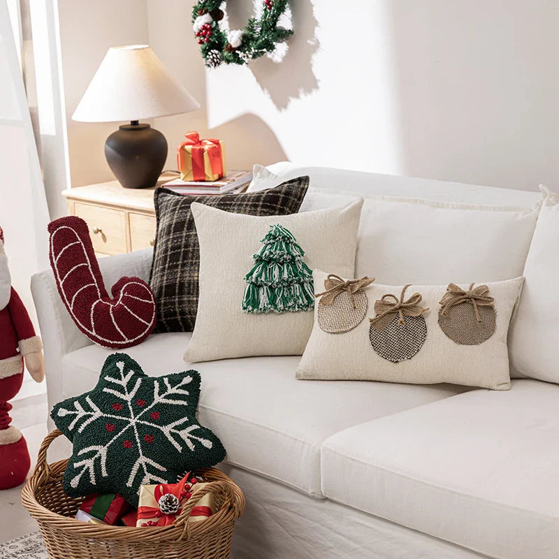 Axyaa Christmas Cushion Cover Snowflake Tree Green Red Checked Tassels