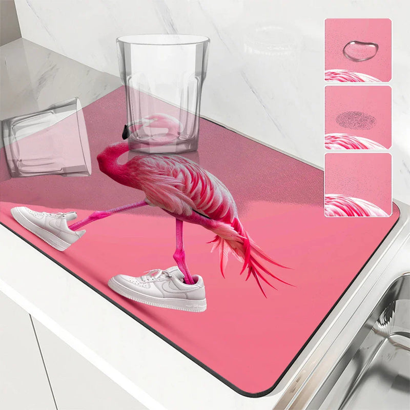 Axyaa Flamingo Absorbent Draining Mat: Quick Drying Kitchen & Bathroom Drain Pad