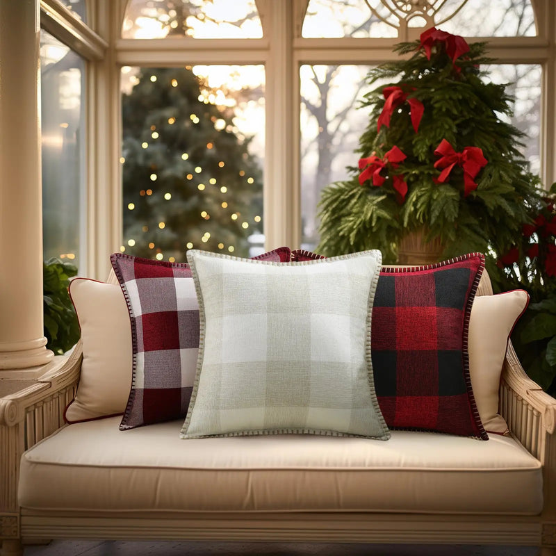 Axyaa Plush Check Throw Pillow Covers Set of 2 Cream White