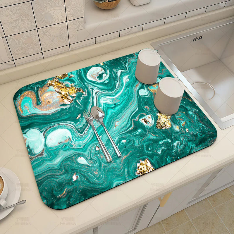 Axyaa Blue-Green Oil Painting Abstract Kitchen Placemat - Non-Slip & Super Absorbent
