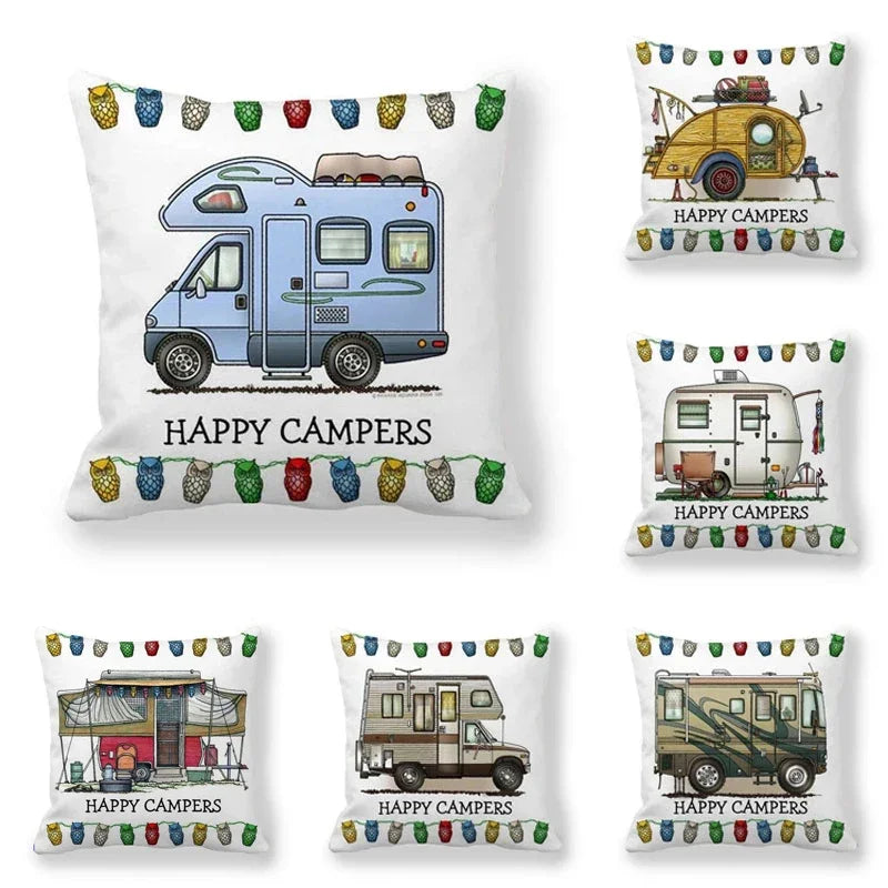 Happy Campers Owl Motorhome Print Pillow Case by Axyaa