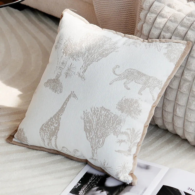 Axyaa Soft Fringed Chenille Pillow Cover with Tree Animals Print