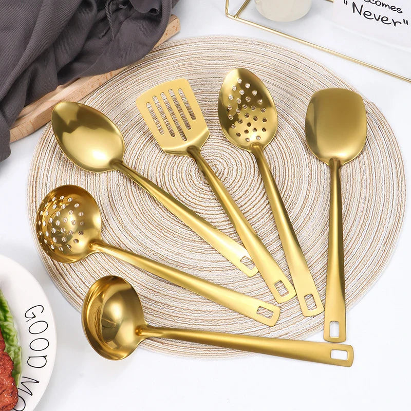 Axyaa 6pcs Korean Stainless Steel Kitchenware Set - Golden Soup Spoon, Colander, Hot Pot Spoon