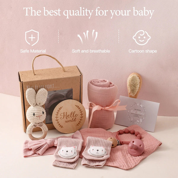 Axya Newborn Essentials Gift Set: Towel, Blanket, Pacifier Chain, Bracelet, Rattle & Gift Box