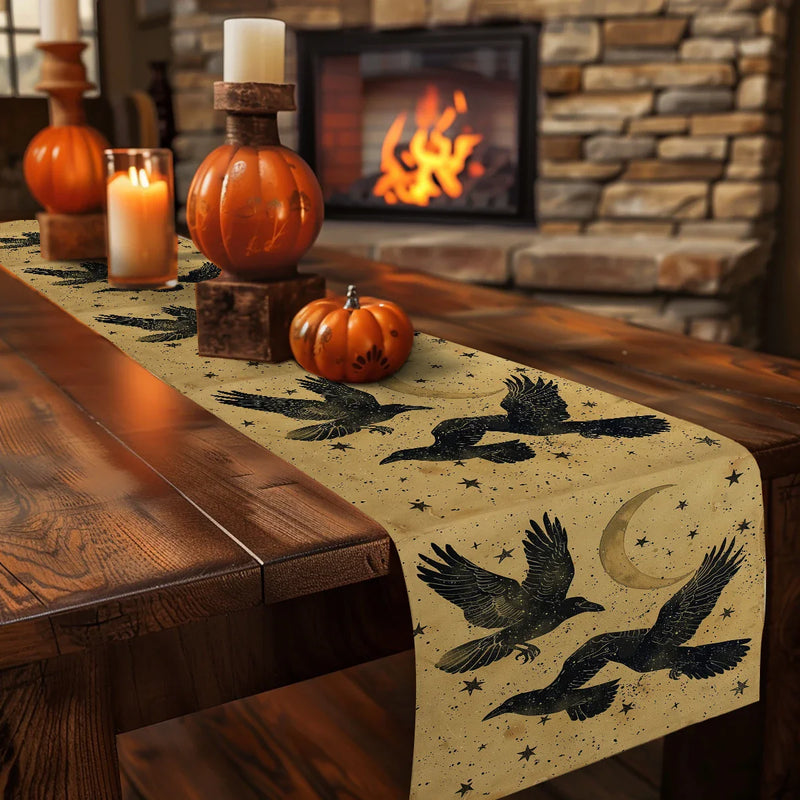 Black Crow Watercolor Silhouette Table Runner for Dining & Party Decor by Axyaa