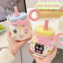 Axyaa Cute Cat Water Bottle With Straw Cap Handle - 950ml Plastic Tumbler